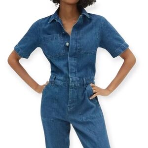 EVERLANE Blue Denim Short-Sleeved Coverall Button-Up Straight Leg Jumpsuit
